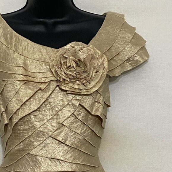 A-98 London Times Cream & Gold Ruffled Short Sleeve Tea Length Dress Size 12 - Picture 5 of 15